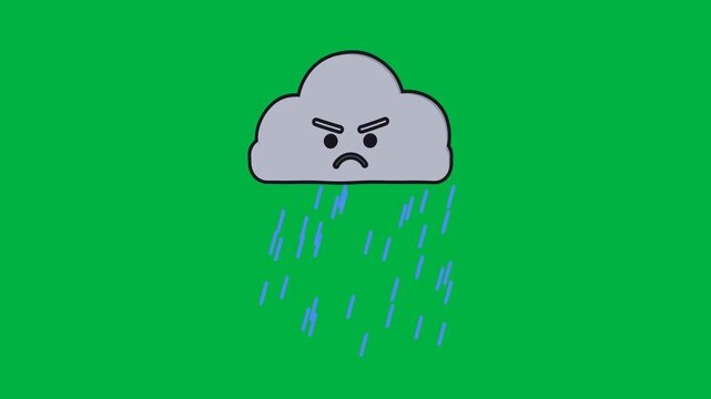 Grumpy cartoon storm cloud with an angry face, a yellow lightning bolt striking twice and blue rain dashes falling, doodle weather green screen loop