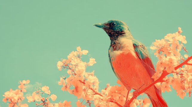 A small bird with teal and orange plumage perches on a flowering cherry blossom branch against a muted turquoise sky.