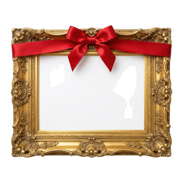 Ornate gold picture frame with a red satin ribbon bow, isolated on transparent background