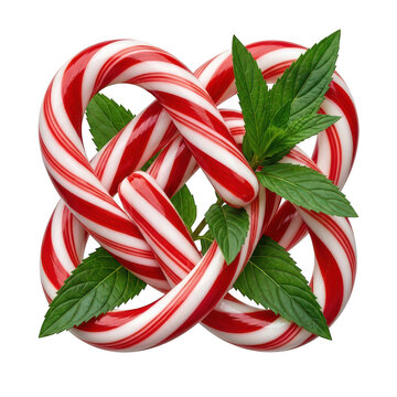 A knot of red and white candy canes adorned with fresh mint leaves, isolated on transparent background