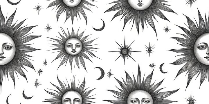 A black and white monochrome seamless pattern of celestial suns with human faces, crescent moons, and bursting stars isolated on a white background.