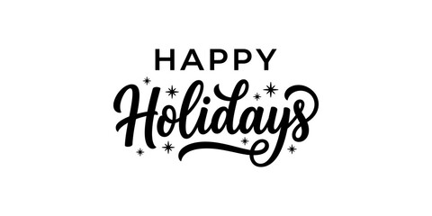 Black typography lettering happy holidays greeting card design with decorative stars isolated on transparent background. © Akash