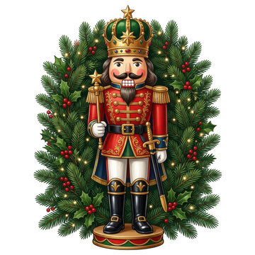 Festive nutcracker soldier standing in front of a decorated pine wreath isolated on transparent background