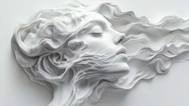 Monochromatic relief sculpture of a serene woman's face with flowing, wave-like hair, crafted in white plaster or marble.Spa and wellness platforms, cosmetics and skincare blogs, luxury interior 
