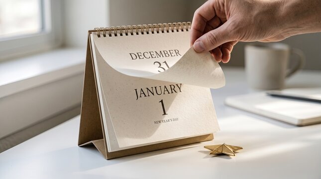 Prompt give me unicuq hand turning calendar page from december 31 to january 1