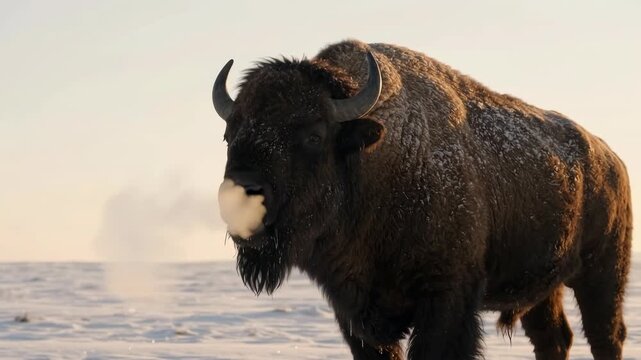Majestic American Bison on Snowy Plain at Golden Hour, Breath Steam in Freezing Air, Cinematic Slow Push-In, 4K Wildlife Documentary Stock Footage