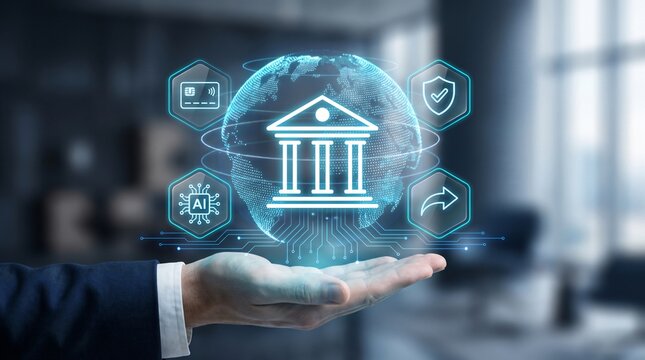 Elevated three-quarters zenith angle on master digital banking ecosystem: Business executive hand presenting glowing bank crest with point-cloud earth globe and credit card for AI fintech trade.