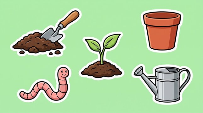 Cute Cartoon Gardening Tools and Elements Collection: Sprout, Pot, Trowel, Soil, and Earthworm Illustration