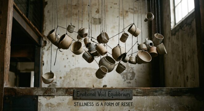 Hanging Ceramic Vessels Installation Art in Rustic Studio Setting