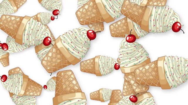 Falling Ice Cream Cones with Cherries on White Background