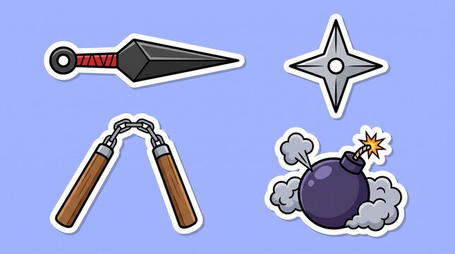 Set of Classic Ninja Weapons and Exploding Bomb Cartoon Icons