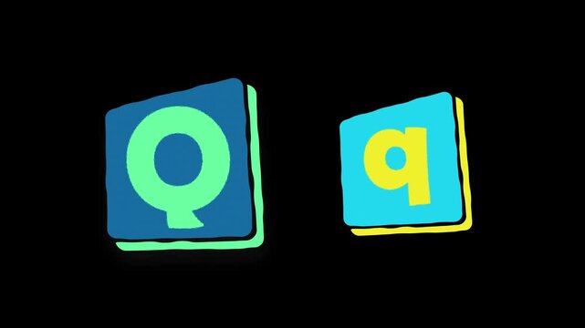 2D Animated Alphabet Letter Q and q on Colorful Blocks with Black Background