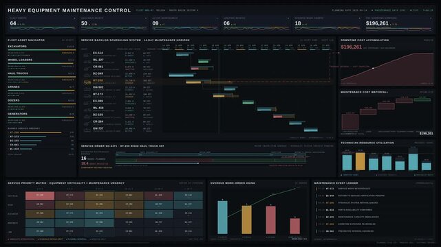 Explore a sophisticated heavy equipment maintenance dashboard showcasing service backlogs, downtime costs, and preventive schedules for efficient fleet management and resource allocation.