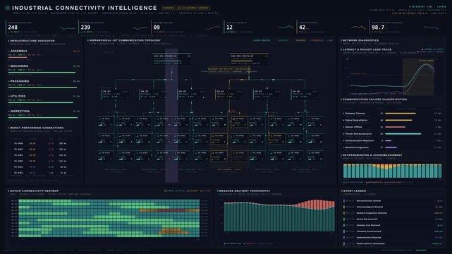 Industrial IoT network dashboard visualizing device connectivity, gateway health, packet transmission, and communication failures in a manufacturing environment with real-time latency analytics.
