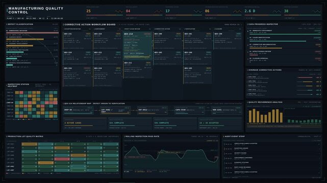 Manufacturing quality operations dashboard showing exception tracking, corrective action workflows, Pareto charts, and inspection heatmaps in dark industrial style.