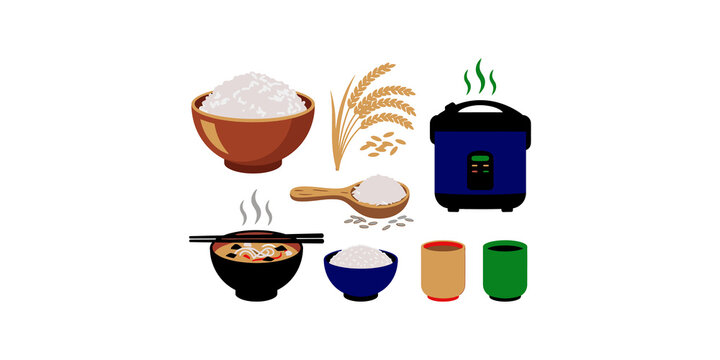Rice bowl with chopsticks and steam cooker set featuring fresh grains for authentic asian food and dining menu design.