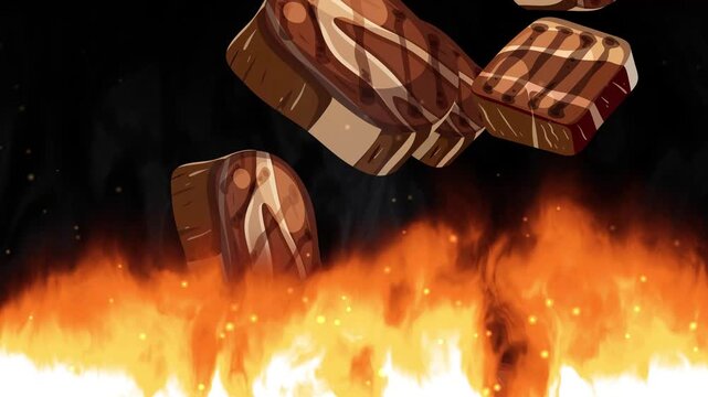 Cartoon Grilled Steaks Falling Over Blazing Fire Flames