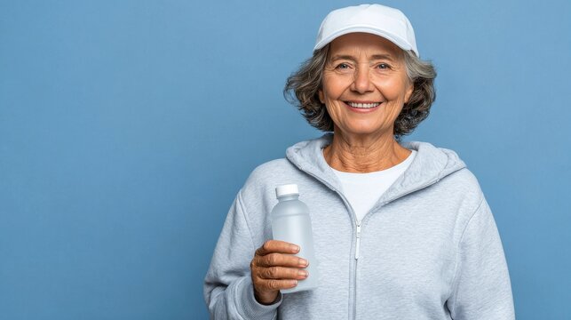 A smiling senior woman in activewear and a cap holding a clear water bottle against a solid blue background.