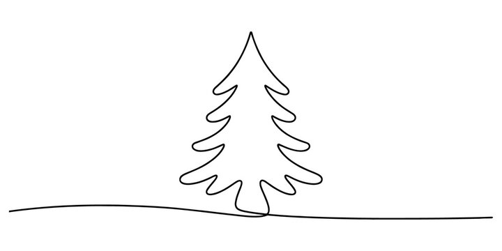 Continuous single line drawing of a simple pine tree isolated on transparent background