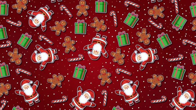 4K cute Christmas seamless pattern loop: repeating waving Santas, gingerbread men, green gifts and candy canes on dark red. Ideal backdrop for festive video intros and holiday ads.