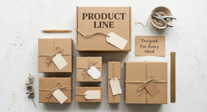 Arrangement of Brown Cardboard Boxes with Attached Gift Tags for Shipping and Storage