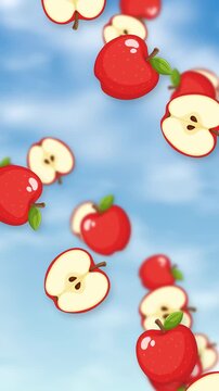 Vertical Animation of Red Apples and Slices Falling Against Blue Sky