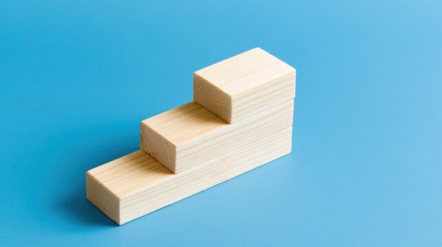 metaphor. Minimalist wooden block staircase on a blue surface symbolizing business growth and progress. pitch deck slides, case study pages, designed for brand storytelling and e-commerce strategy.