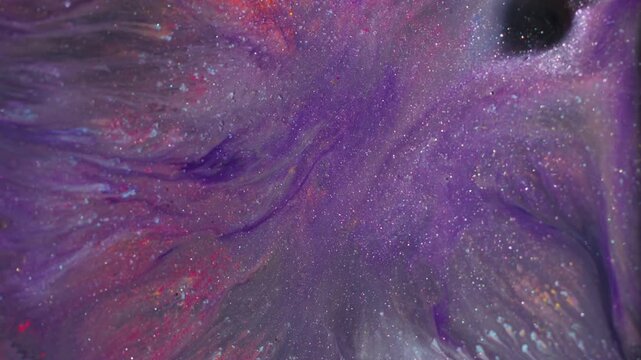 Shimmer spatter. Paint spill rhombus. Blur purple blue orange color geometric gem texture glitter particles on abstract art background.