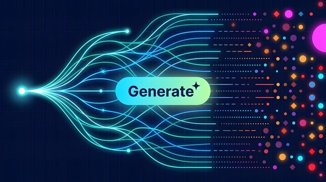 Abstract visualization of data generation and processing with glowing lines and colorful dots on a dark grid background