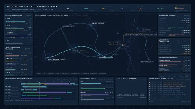 Cinematic 4K logistics dashboard showing multimodal freight routes, shipment tracking, and exception alerts on a dark enterprise interface. for commercial creative technology and business use.