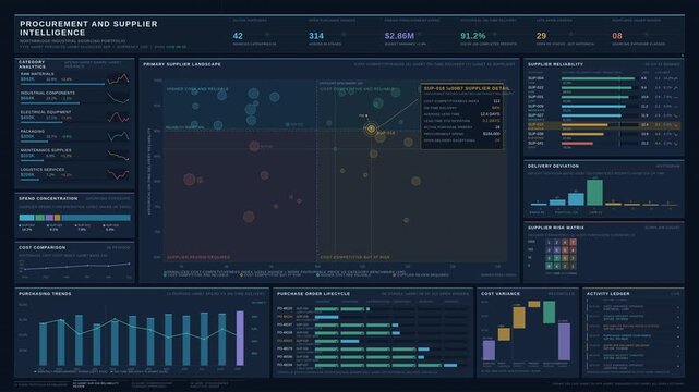 Premium enterprise procurement dashboard tracking supplier delivery reliability, cost competitiveness, and purchasing expenditure trends in dark UI for commercial creative technology and business use.