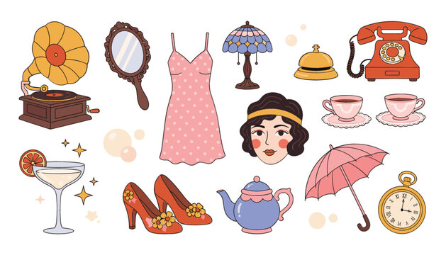 Vintage retro antique lifestyle elements set. Gramophone, telephone, dress, mirror, lamp, shoe, teapot, watch and umbrella.