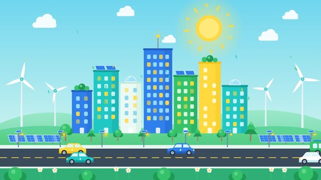Eco friendly smart city 2D animation with wind turbines, solar panels, green trees and electric vehicles, flat vector style