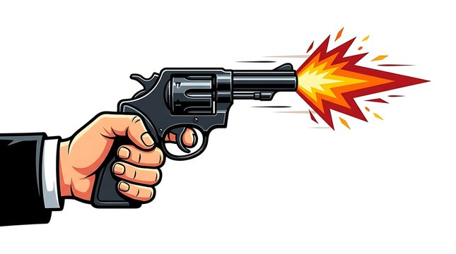 Hand holding a revolver firing a shot isolated on white background