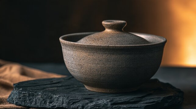 A ceramic fermentation crock sits on a dark stone surface. The warm amber light highlights the traditional stoneware glaze in natural grey-brown.