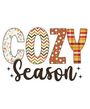 Cozy season t-shirt design with autumnthemed patterns, floral, chevron, polka dot, and plaid designs, isolated on transparent background