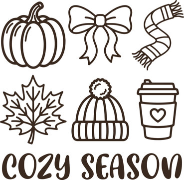Cozy season vector illustration set with autumn essentials pumpkin, maple leaf, warm hat, scarf, coffee cup, and decorative bow