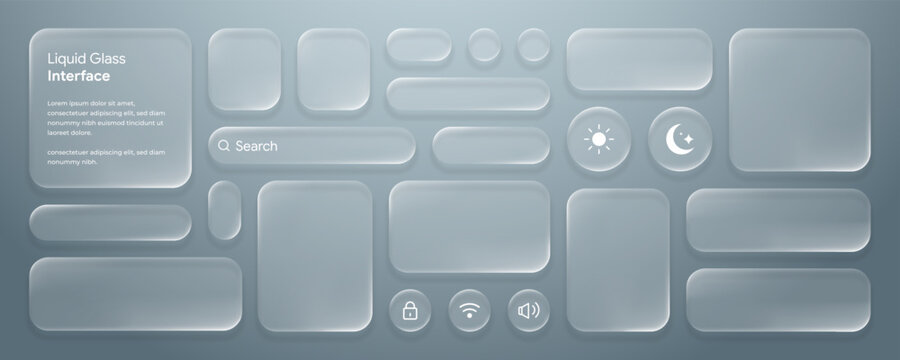 Liquid glass smartphone interface design elements collection with frosted translucent rounded buttons, search bar, and UI icons on a smooth background
