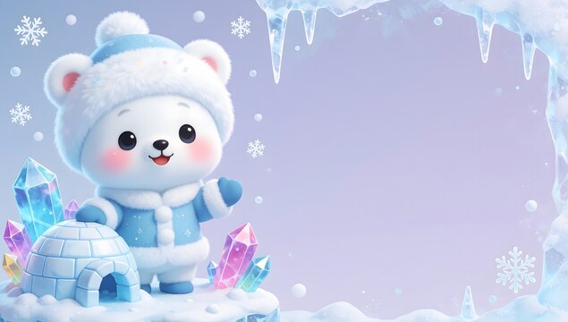 Cute cartoon polar bear in winter clothing with igloo and crystals on snow.