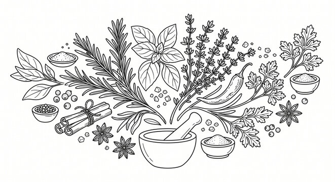 Culinary Herbs and Spices Outline Vector