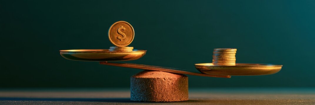A balance with coins on one side and a single coin on the other, illustrating the link between financial security and wellbeing.