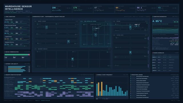 Cinematic 4K industrial sensor network dashboard monitoring warehouse temperature, humidity, and equipment anomalies with dynamic IoT telemetry and data visualization.