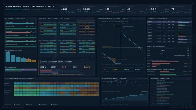 Cinematic 4K warehouse inventory dashboard visualizing stock coverage, replenishment lead times, and shortage risks with dark industrial UI and animated data flows.