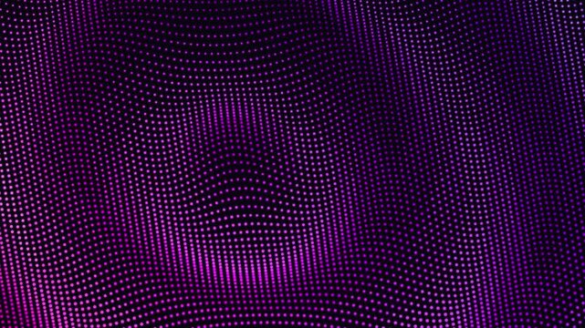 Abstract wave pattern formed by glowing purple dots on dark background digital