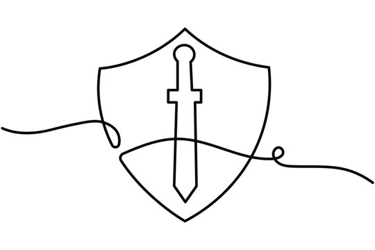 Sword shield line art depicting a sword placed over a protective shield contour in continuous line drawing style. Isolated vector art.