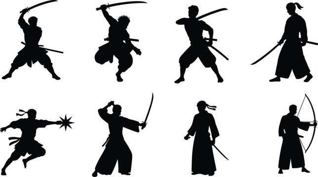 Black silhouette vector set of samurai and ninja warriors in action poses with katanas and weapons