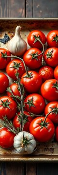 Tomatoes roasted on baking tray with garlic head and thyme rustic background, || Rustic vegetables, herb pairing