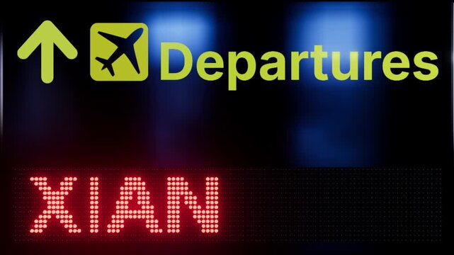 XIAN destination illuminated LED departures sign in modern international airport terminal for airline, vacation, and business travel video project
