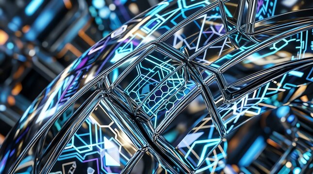 Abstract Futuristic Metallic Structure with Glowing Blue Circuits