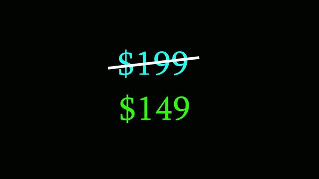 Animated Price cut strikethrough from 199 dollars to 149 dollars discount offer 4k animation with alpha channel price tag discount from 99 to 49 animated on transparent background